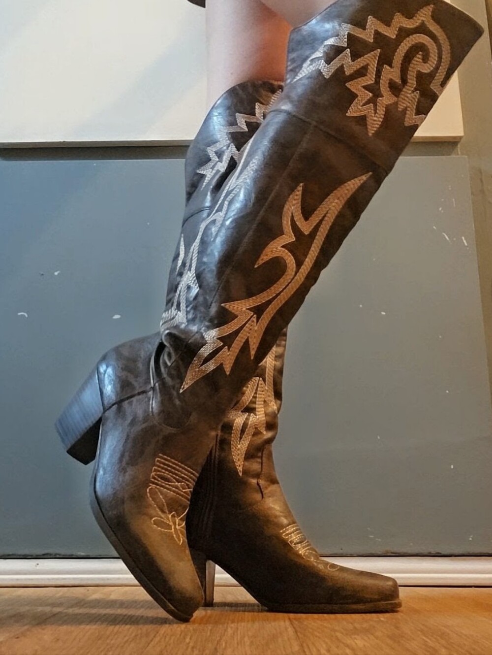 Embroidered Over-the-Knee Western Boots in Distressed Brown